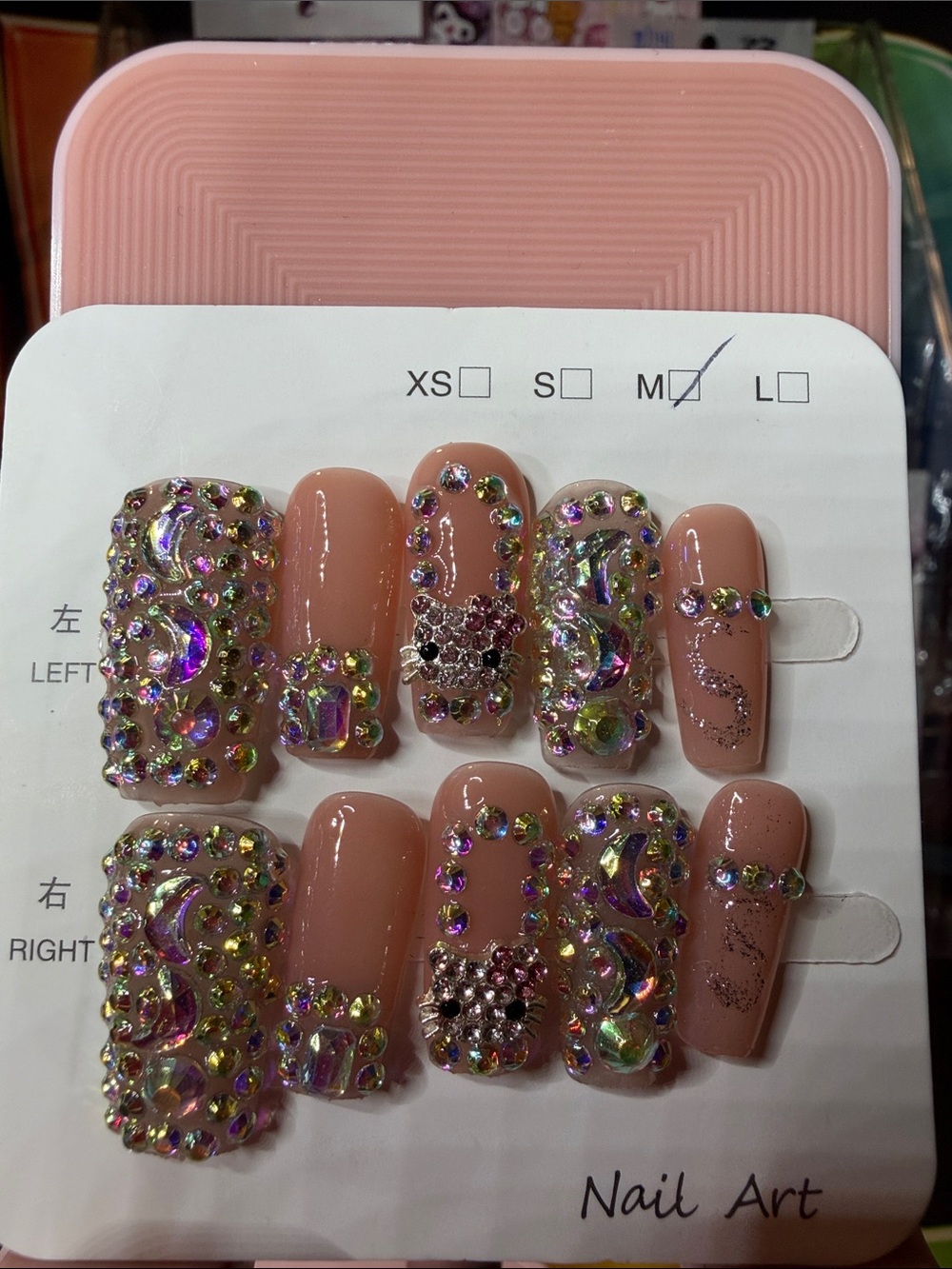 Hello Kitty Nude Pink Press-On Nails with Multicolor Rhinestones
